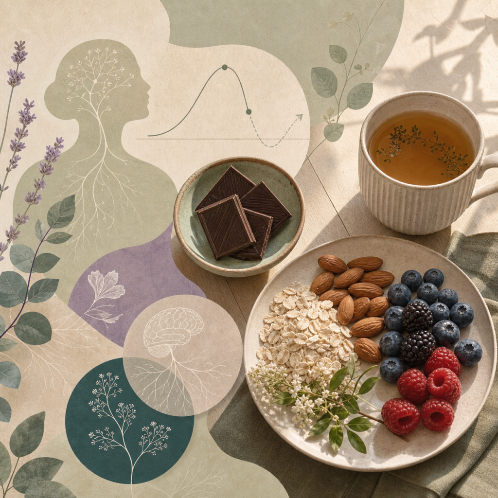 Collage numérique avec chocolat, tisane, fruits et oléagineux, pour évoquer les fringales sucrées et le besoin d'énergie rapide.