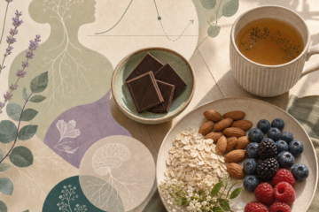Collage numérique avec chocolat, tisane, fruits et oléagineux, pour évoquer les fringales sucrées et le besoin d’énergie rapide.
