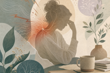 Collage numérique montrant une femme pensive avec des lignes de tension autour du haut du corps, pour évoquer la fatigue nerveuse.