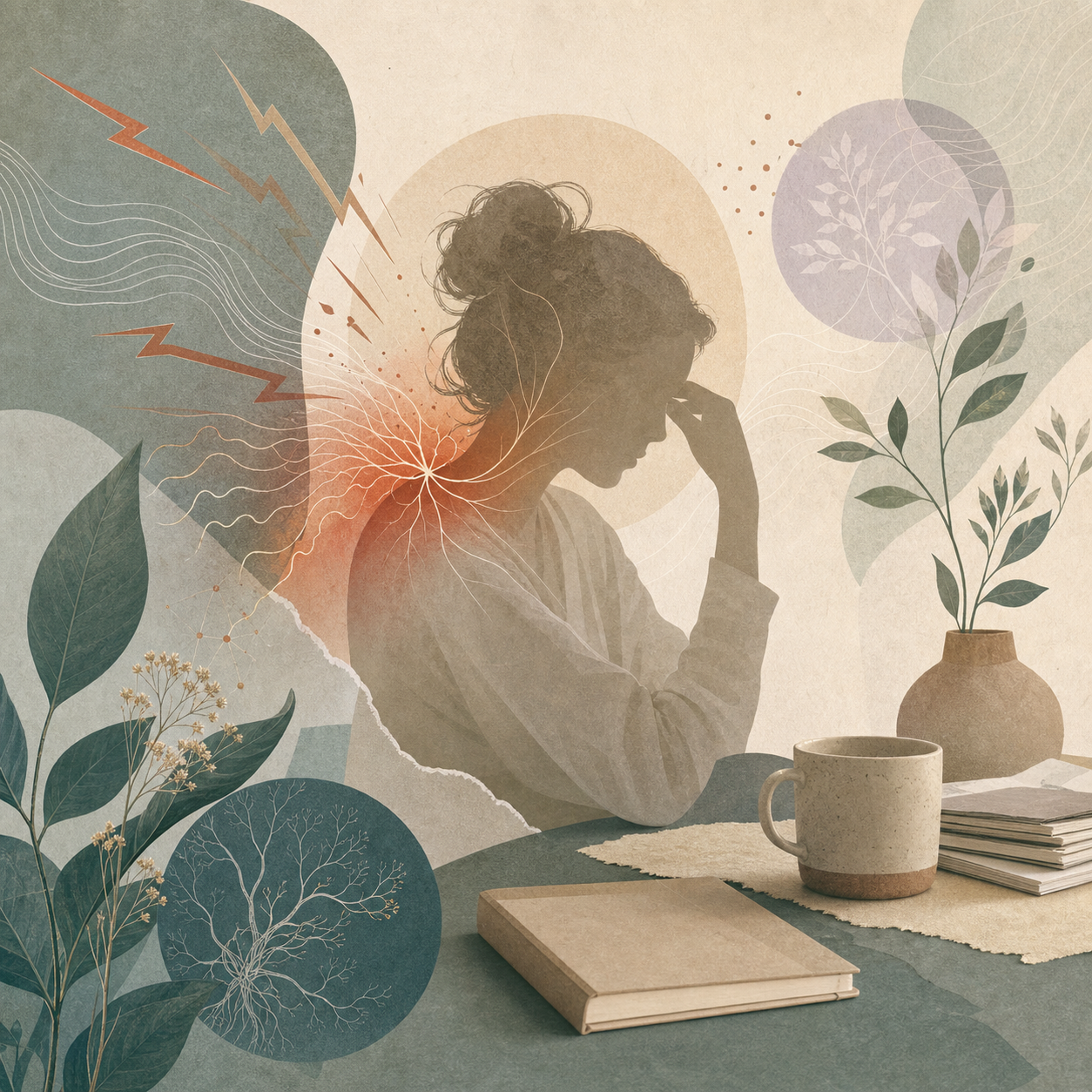 Collage numérique évoquant l'irritabilité, la tension et la fatigue.