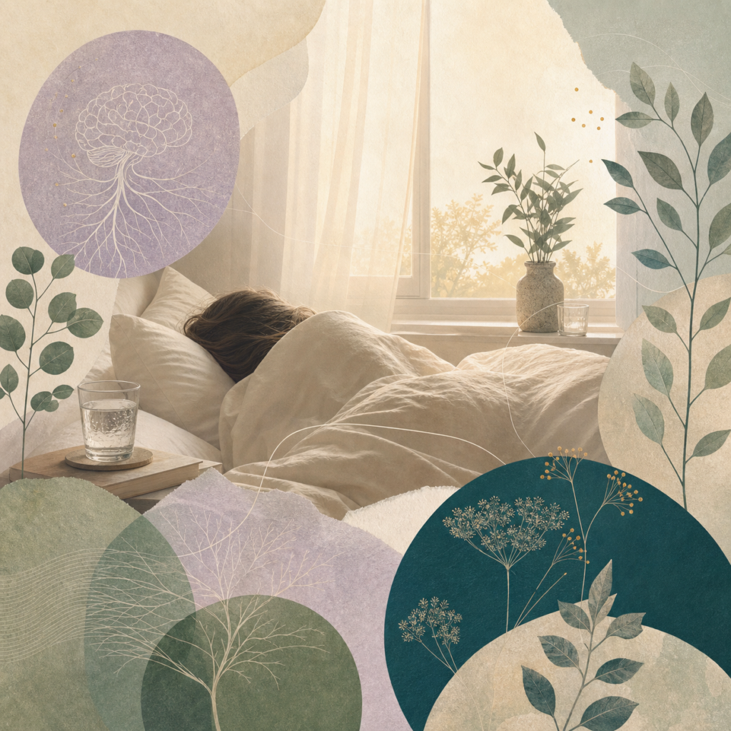 Collage numérique évoquant le lien entre sommeil, récupération et système nerveux.